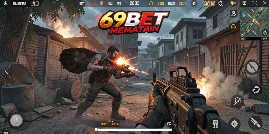 Screenshot utama 69BET menampilkan aksi pertarungan dalam game FPS.
